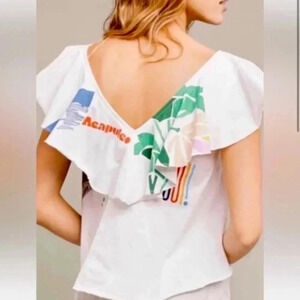 Anthropologie Akemi + Kin White Bon Voyage Cotton Flounce Blouse Small